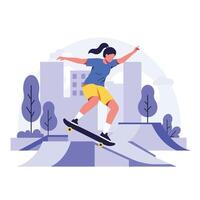 Skateboarder performing tricks in a vibrant urban setting, flat design art vector
