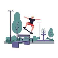 Skateboarder performing tricks in a park setting with minimal flat art vector