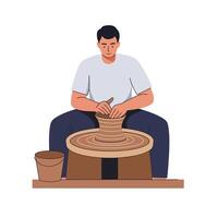 Man shaping clay on pottery wheel in flat minimal art vector