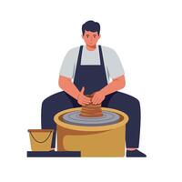 Pottery artist creating a vase on a wheel in flat art vector