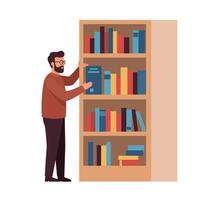 Man organizing books on a shelf in flat illustration vector