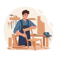 Woodworker assembling a chair in a minimal style illustration vector
