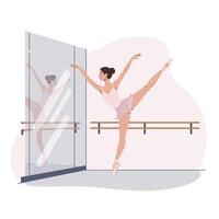 Ballerina in graceful pose performing beside mirror in flat art vector