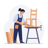 Woman working on wooden chair using tools in flat art vector