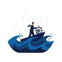 Sailor navigating rough waves in detailed flat art style illustration vector