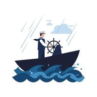 Sailor navigating a boat through waves in minimal flat art vector