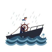 Sailor navigating a boat in the rain with waves illustrated in flat art vector