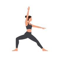 Woman practicing yoga in warrior pose with flat design style art vector