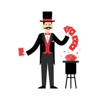 Magician performing a card trick in flat, colorful design illustration vector