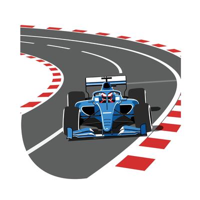 Racing car navigating a sharp curve in a flat design illustration