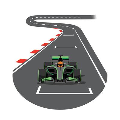 Racing car on curved track with dynamic motion in flat illustration
