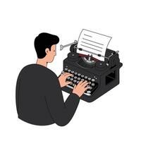 Man typing on a vintage typewriter in a minimal flat illustration vector