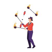 Juggler performing tricks with flaming torches in colorful flat art vector