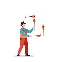 Juggler performing with flaming torches in flat art style vector