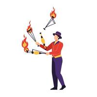 Juggler performing with flaming torches in flat art style illustration vector