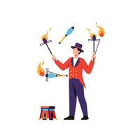 Juggler Performing with Fire and Colorful Props in Flat Art vector