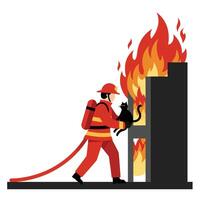 Firefighter rescuing a cat from flames in flat illustration vector