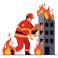 Firefighter rescuing a cat from a burning building in flat illustration vector
