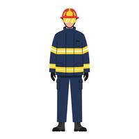 Firefighter in uniform with helmet and reflective stripes in flat illustration vector
