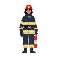 Female firefighter in protective gear with fire extinguisher in flat art vector