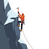 Climber scaling a mountain in flat minimal art style with snow and ice elements in illustration vector