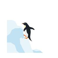Penguin climbing a snowy mountain in flat and minimal art vector