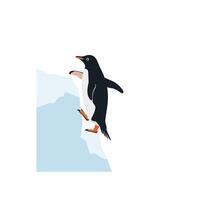 Penguin climbing a snowy surface in flat style art vector