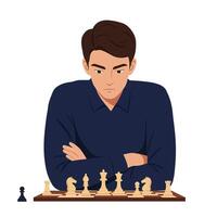 Chess player contemplating strategy in flat minimal illustration vector