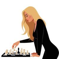 Woman playing chess with a focused expression in flat art vector