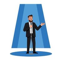 Stand-up comedian performing on stage in minimal flat design art vector