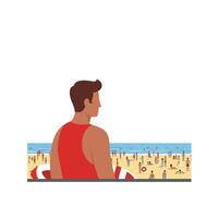 Lifeguard overlooking busy beach scene in flat art style vector