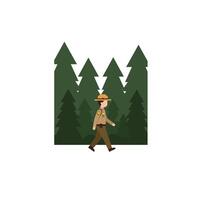 Forest Ranger Walking Through Tall Green Trees in Flat Illustration vector