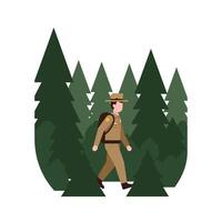 Forest ranger walking through tall trees in a flat and minimal style illustration vector
