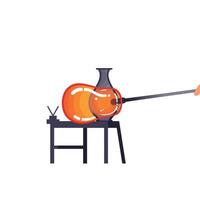 Glassblowing process featuring molten glass on a table in flat art vector