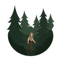 Forest ranger walking through tall evergreen trees in flat art vector