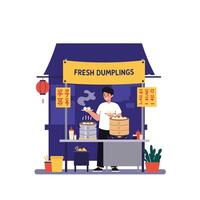 Fresh dumpling vendor serving delicious food in flat style art vector