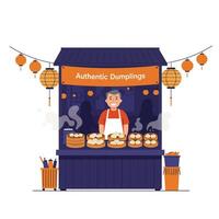 Dumpling vendor at market stall in flat art style with colorful decorations and steam elements illustration vector
