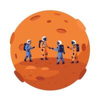 Astronauts shaking hands on Mars in flat minimal illustration vector