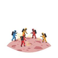 Astronauts exploring lunar surface in colorful suits flat art vector