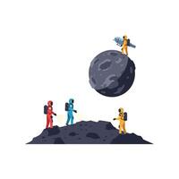 Astronauts exploring a lunar landscape in flat art style illustration vector