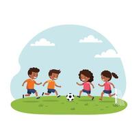 Kids playing soccer in a flat and colorful illustration vector