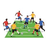 Soccer players competing on a field in a flat minimal illustration vector