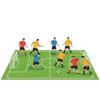 Soccer players engaging in dynamic gameplay on a green field flat illustration vector