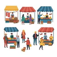 Colorful market scene featuring various stalls with flat art style and lively interactions in illustration vector