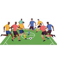 Dynamic soccer players in action on field with flat design art vector