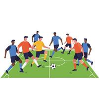 Soccer players competing on a field in a flat and colorful art style vector