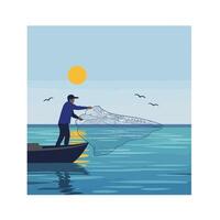 Fisherman casting net at sunrise in flat art style vector