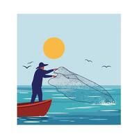 Fisherman casting net at sunset in flat style art vector