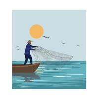 Fisherman casting net on calm water in minimal flat art vector