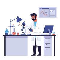 Scientist working at a laboratory desk in flat art style vector